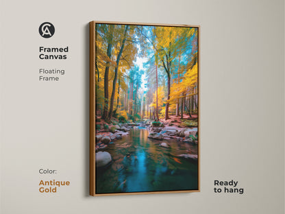 Add a touch of elegance to your decor with this framed canvas art. The antique gold floating frame complements the forest stream artwork. This ready to hang piece brings the beauty of nature indoors. The golden hues create a warm inviting atmosphere.
