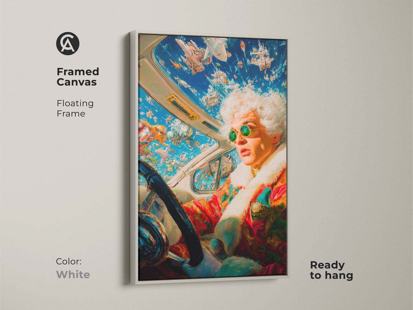 This artwork is available as a framed canvas. It features a person driving a car with spaceships in the sky. The floating frame adds a touch of minimalist style. The white frame enhances the artwork. Ready to hang and display.