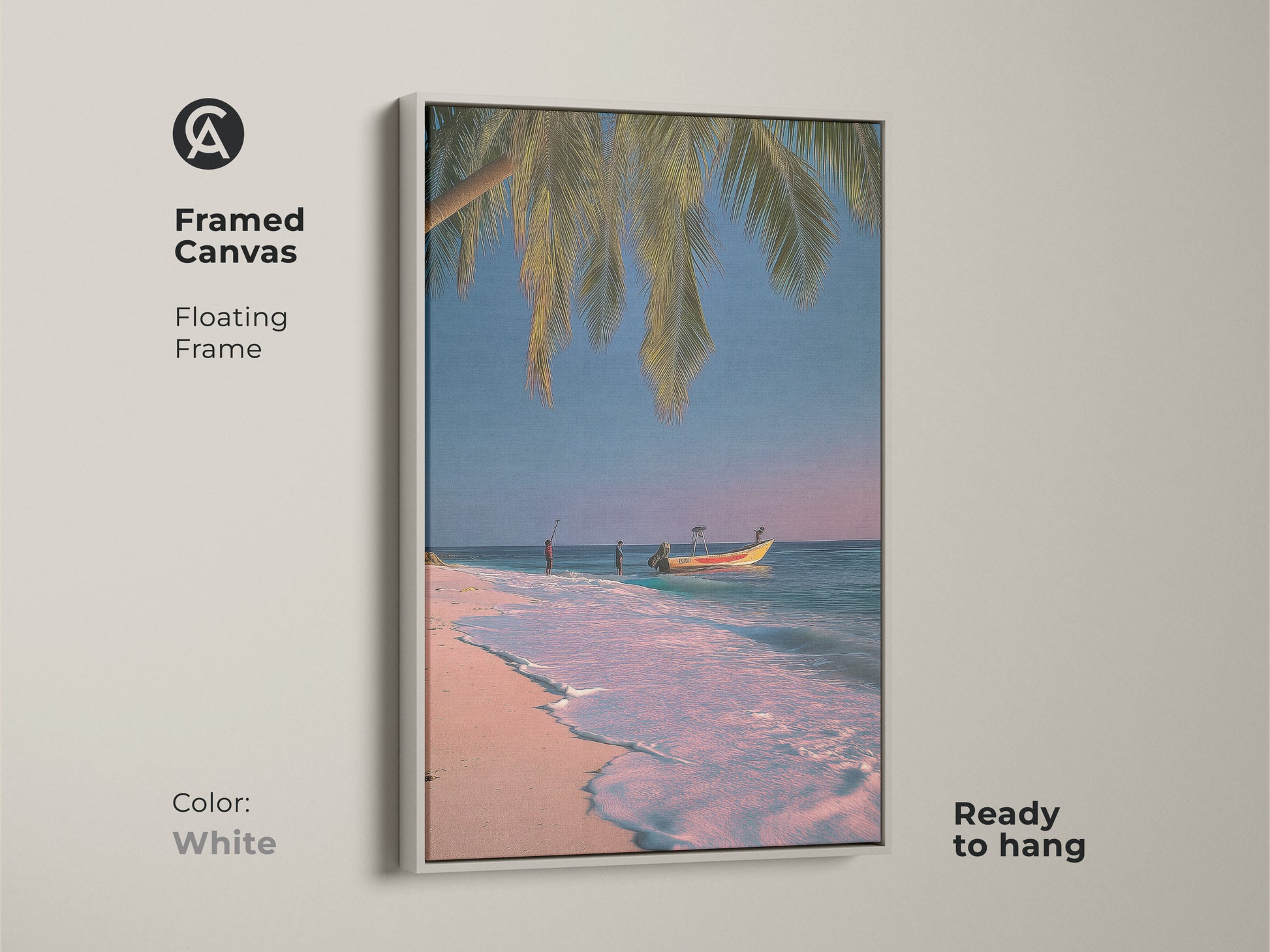 Framed canvas art with a white floating frame showcasing tropical beach artwork. This palm frond art print brings coastal charm. The pink blue teal artwork is ready to hang. It's perfect for a beach house wall hanging.