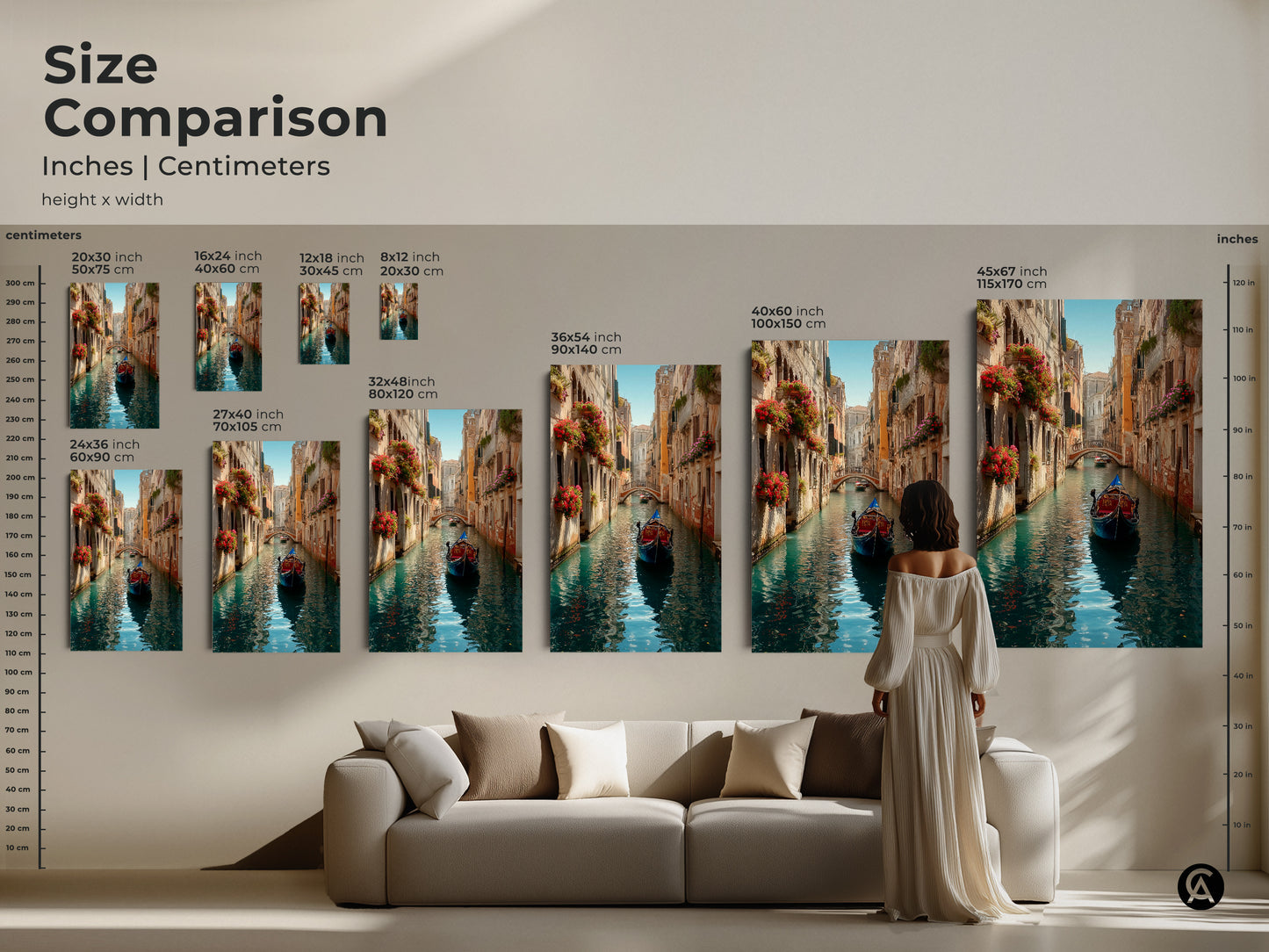 Compare sizes of our Venice artwork. See how each canvas or poster fits in a living space. Visualize the impact of different sizes on your wall. Choose the ideal dimensions to enhance your home decor. Shop our Venice collection now for best selection