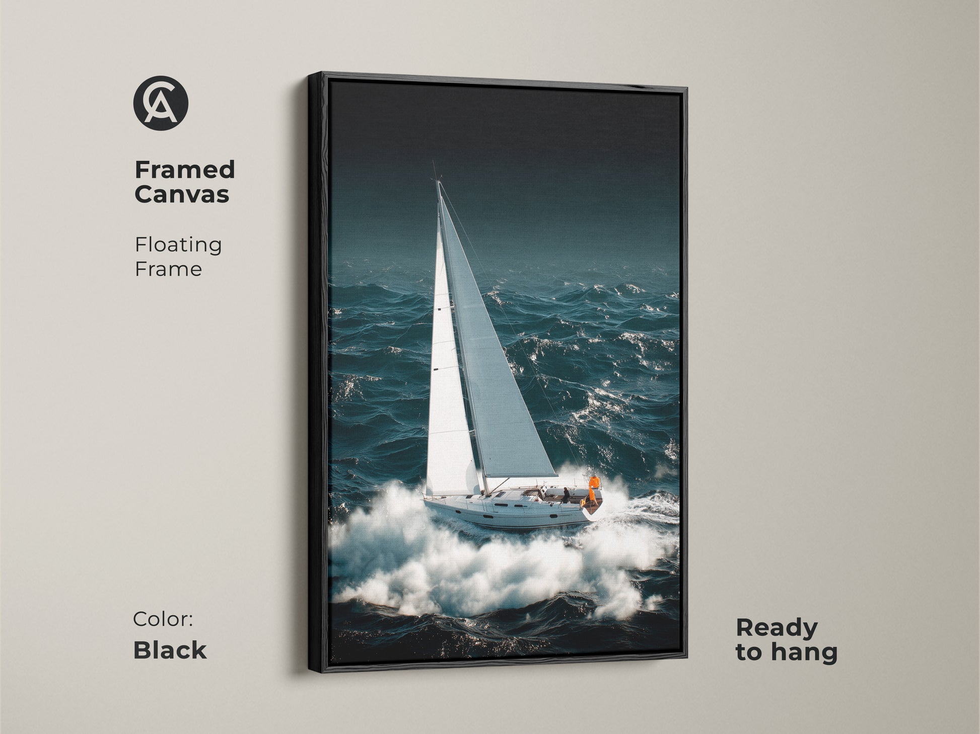 Framed canvas with floating frame showcases sailboat artwork. The nautical ocean waves in deep teal and black offers coastal home decor. Ready to hang this sailing theme provides maritime elegance for boat lovers.