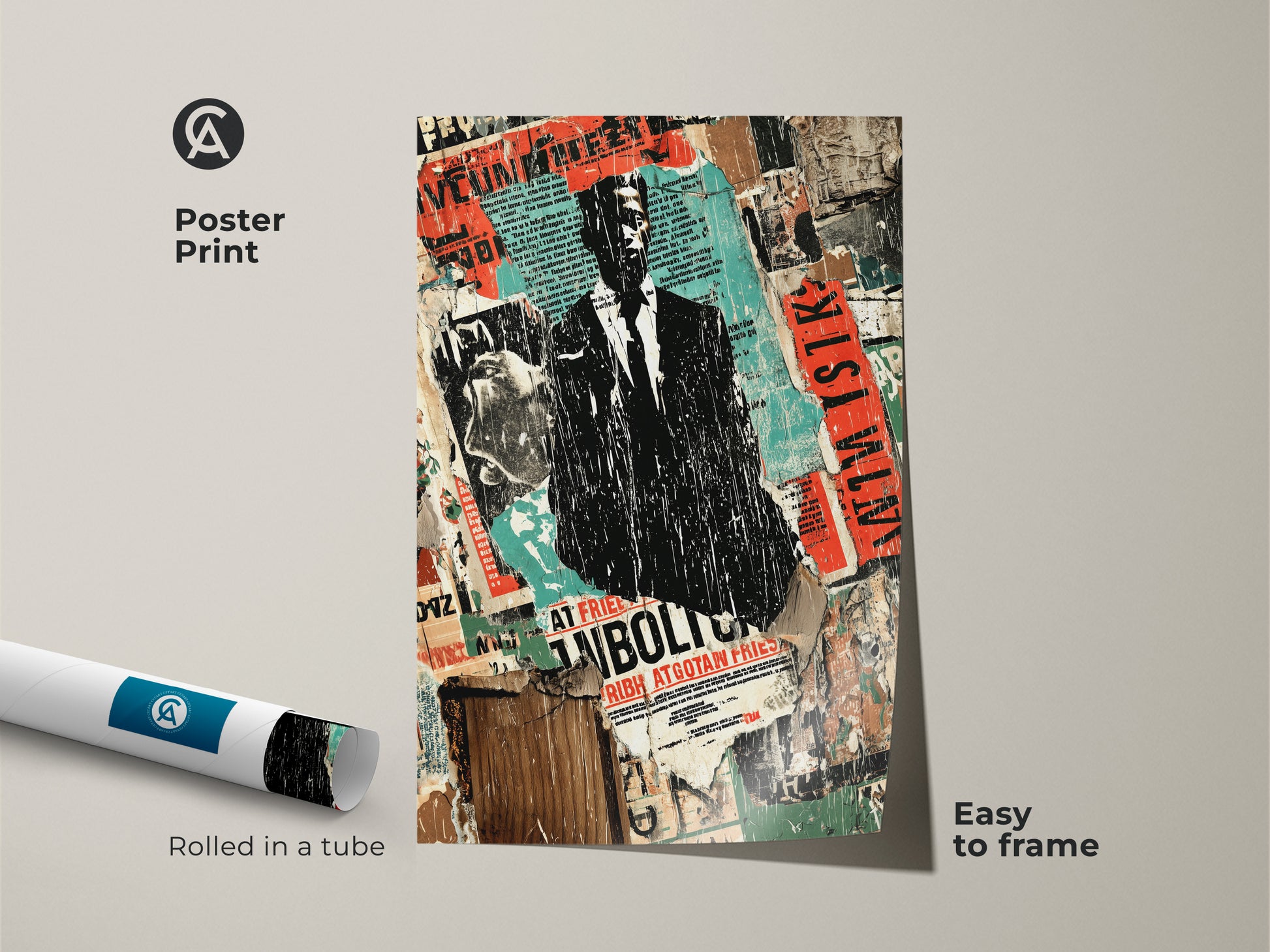 Poster print of a Man in Suit collage. This urban art print features torn posters. The industrial office wall decor is a street art figurative piece with black red and teal tones. This gritty modern artwork is easy to frame.