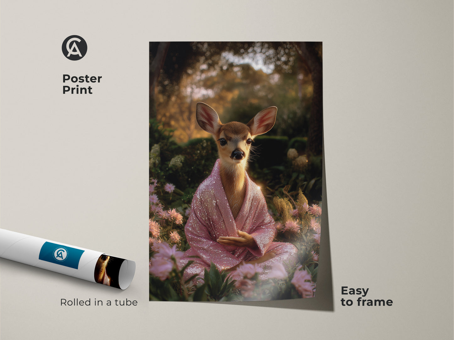 Poster print of a serene deer in meditation. The fawn wears a shimmering pink sequin robe. The spiritual animal wall decor is easy to frame. This boho print adds calm to any space. It's ideal as a yoga meditation gift.