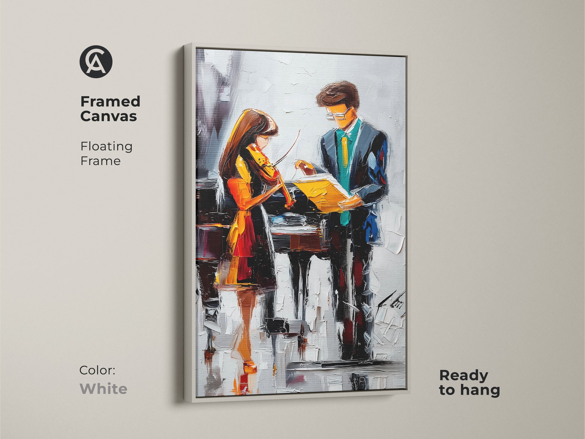 Framed canvas with a white floating frame featuring a violin and piano art print. The contemporary artwork in teal blue and orange is ready to hang for a modern music decor.