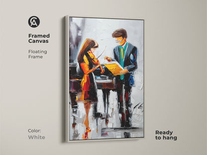 Framed canvas with a white floating frame featuring a violin and piano art print. The contemporary artwork in teal blue and orange is ready to hang for a modern music decor.