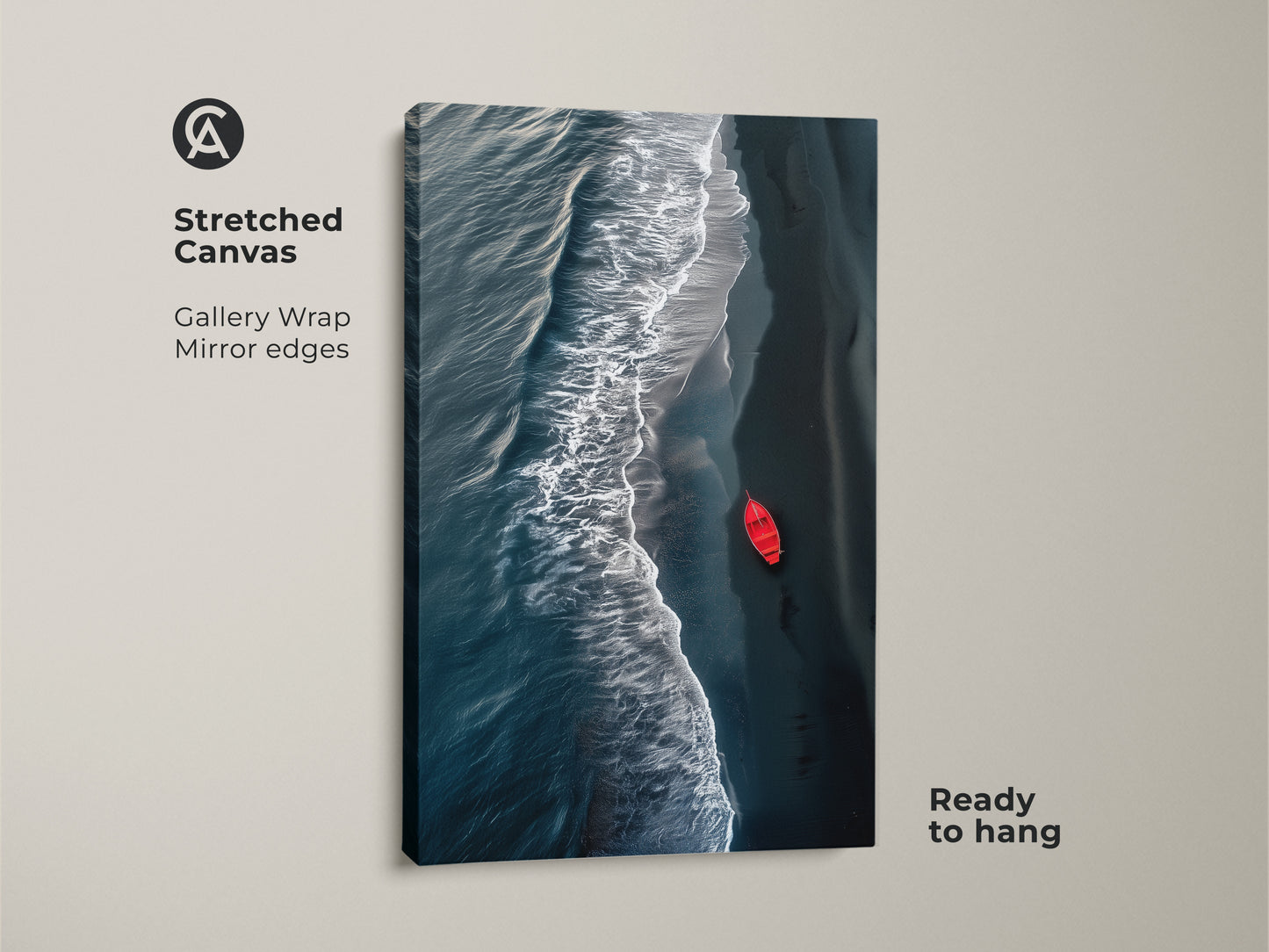 Stretched canvas of aerial red boat art. Gallery wrapped with mirror edges this ocean wave wall art print is ready to hang. The deep teal beach decor shows a minimalist coastal artwork. A modern seascape print that will enhance any space.