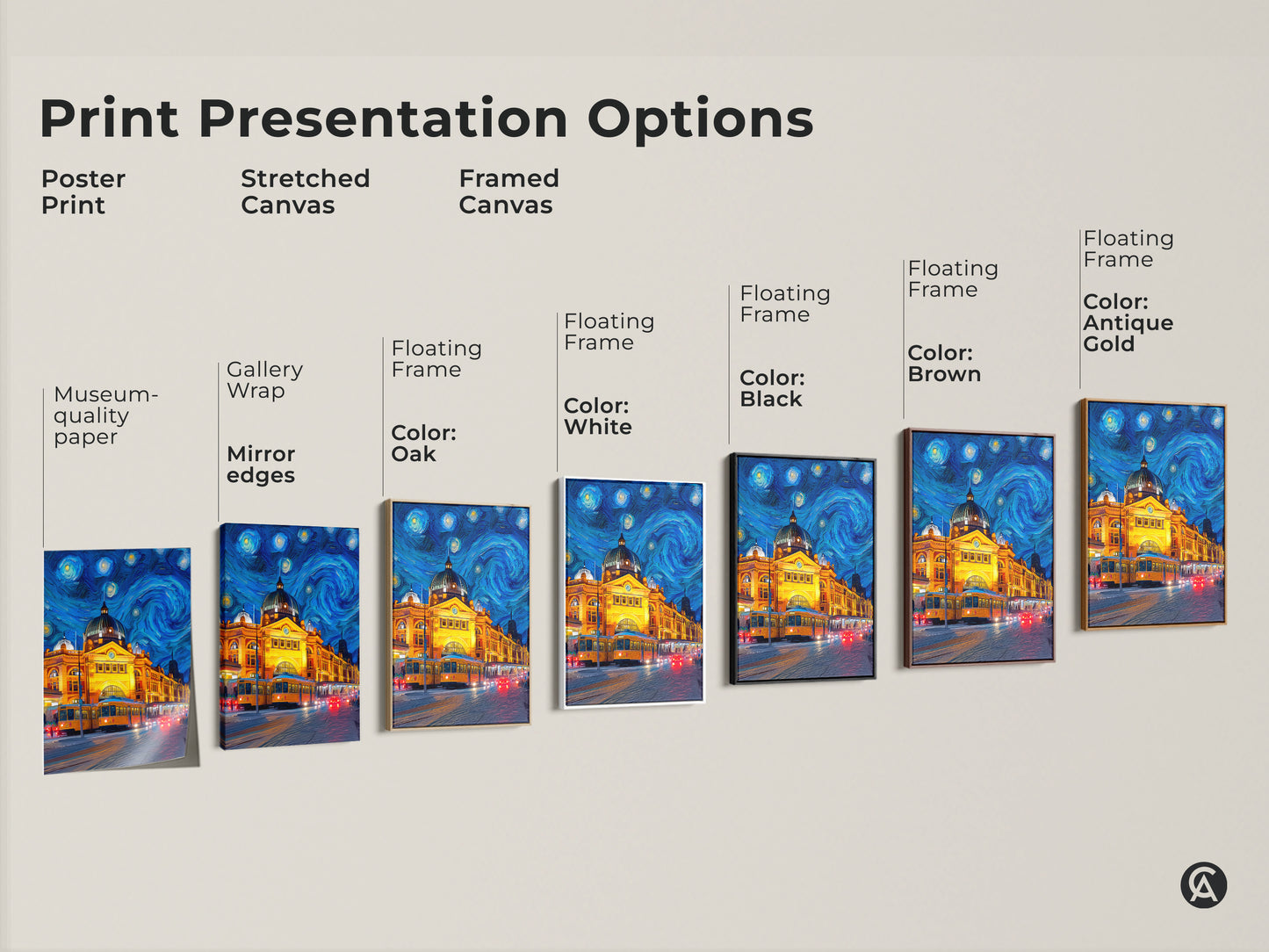 Print presentation options for Flinders Street Station artwork. Options include poster print stretched canvas and framed canvas. Frame colors include black brown antique gold and white. Buy yours today.
