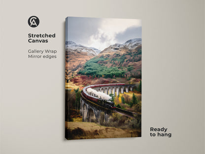 Experience scenic railway wall art with this vintage train print on stretched canvas. The gallery wrap presents a mirror edge of the viaduct landscape art. Autumn forest decor with earthy tones enhances the traditional train artwork. Ready to hang travel gift for him.
