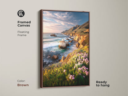 Framed canvas art of a coastal cliff ocean landscape in a brown floating frame. Ready to hang this art features vibrant wildflowers and a scenic ocean view. It adds a touch of coastal living to your home decor. Perfect housewarming gift for ocean lovers.