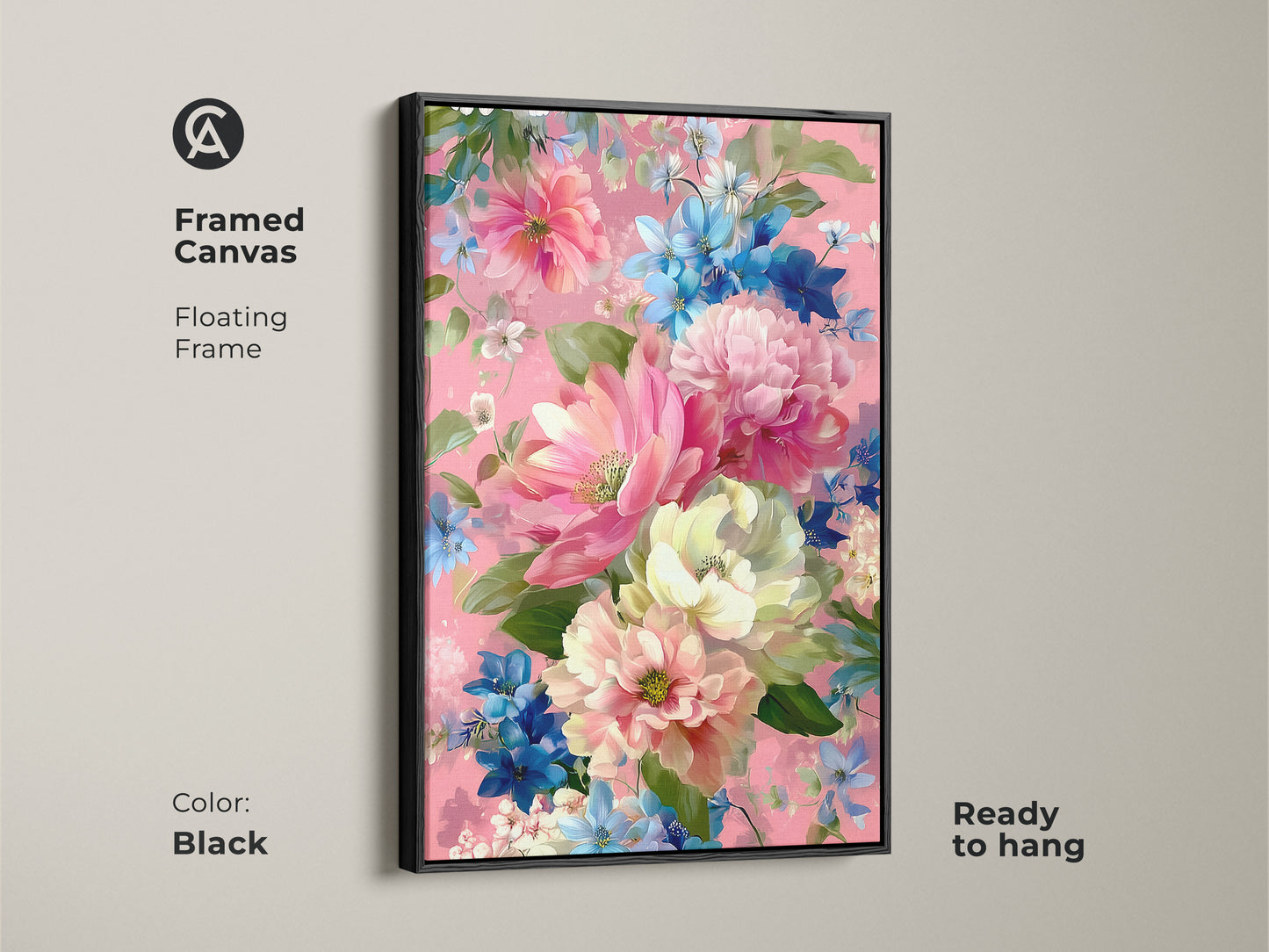 Black framed canvas featuring impressionistic pink peony and blue daisy artwork. Romantic floral art adds a boho touch to any room. Ready to hang botanical art complements bedroom or living room decor. The floating frame enhances the floral canvas.
