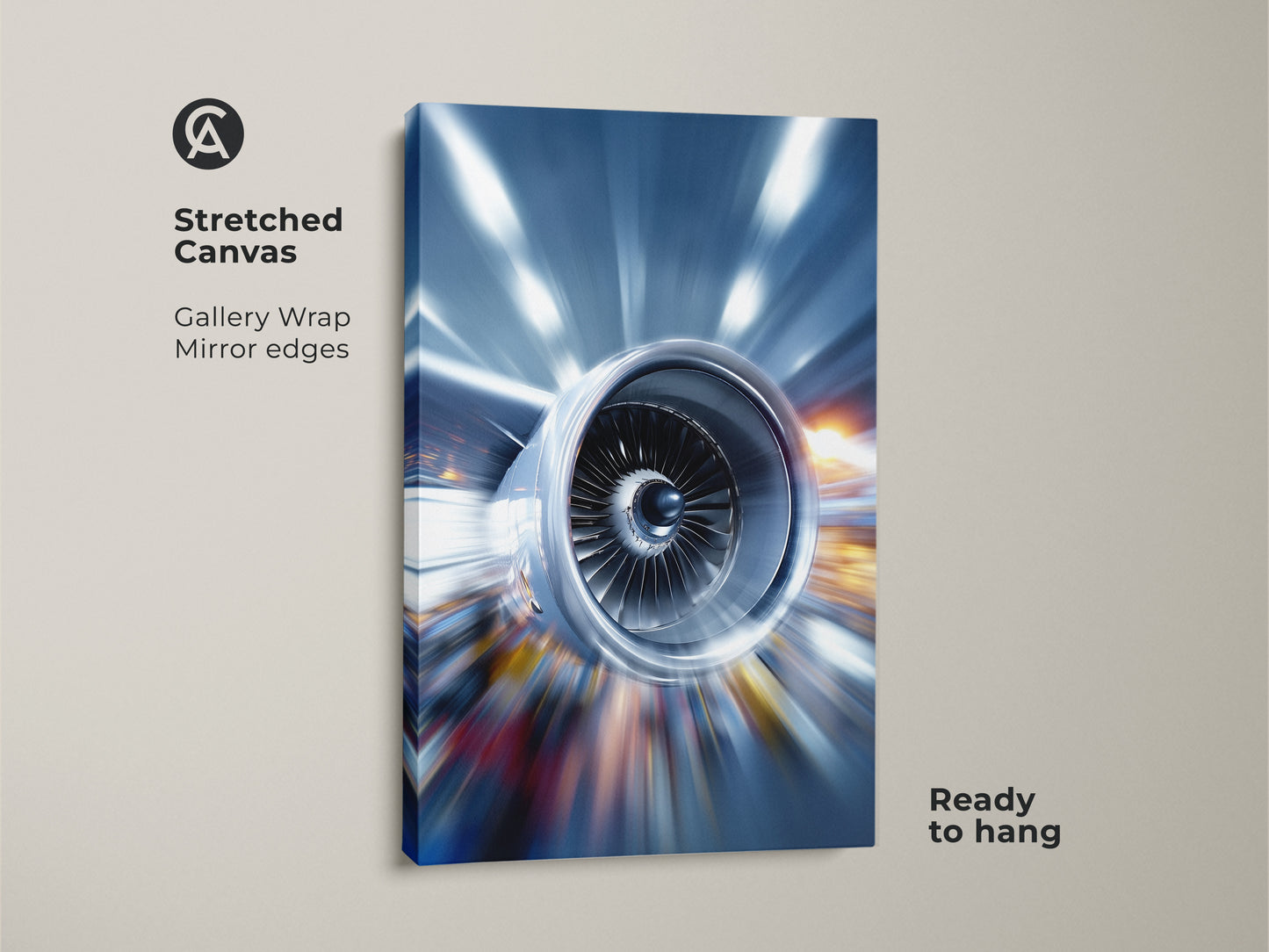 Stretched canvas print showcasing abstract jet engine art. The gallery wrap with mirrored edges offers a sleek modern look. This industrial artwork features a metallic blue and silver color palette. Ready to hang this piece will bring a sense of power and innovation to any room.
