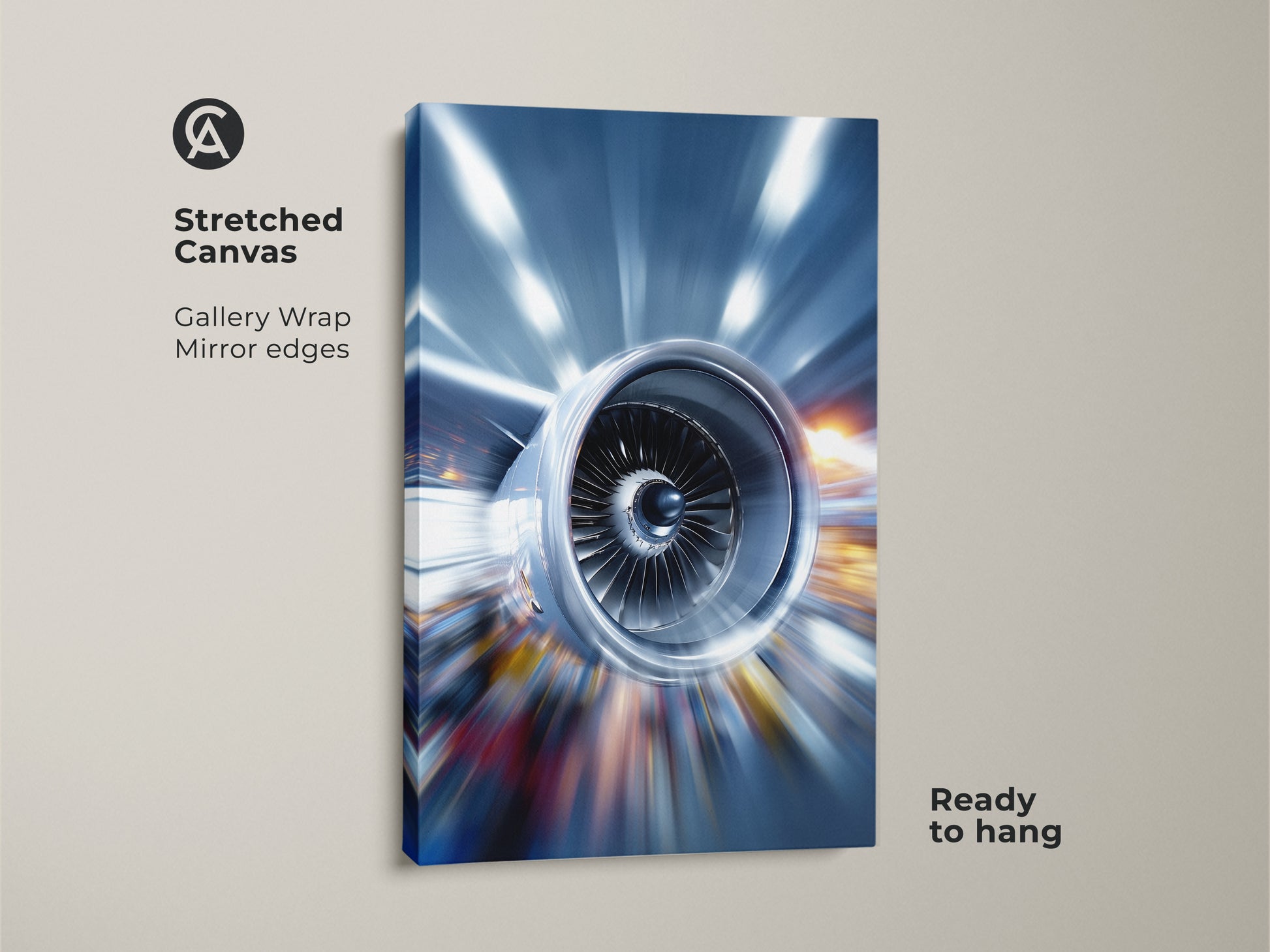 Stretched canvas print showcasing abstract jet engine art. The gallery wrap with mirrored edges offers a sleek modern look. This industrial artwork features a metallic blue and silver color palette. Ready to hang this piece will bring a sense of power and innovation to any room.