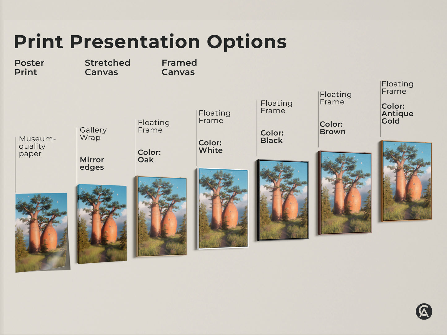 Print presentation options for African Savanna landscape artwork. Realistic nature photography of baobab trees available as poster stretched or framed canvas. Multiple frame color options. Find the perfect piece to enhance your eclectic style home decor today.