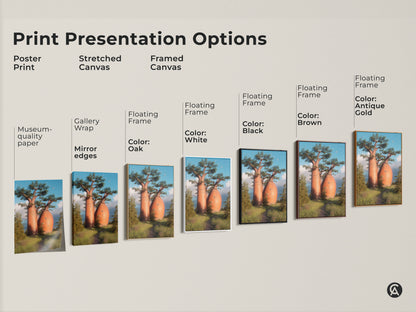 Print presentation options for African Savanna landscape artwork. Realistic nature photography of baobab trees available as poster stretched or framed canvas. Multiple frame color options. Find the perfect piece to enhance your eclectic style home decor today.