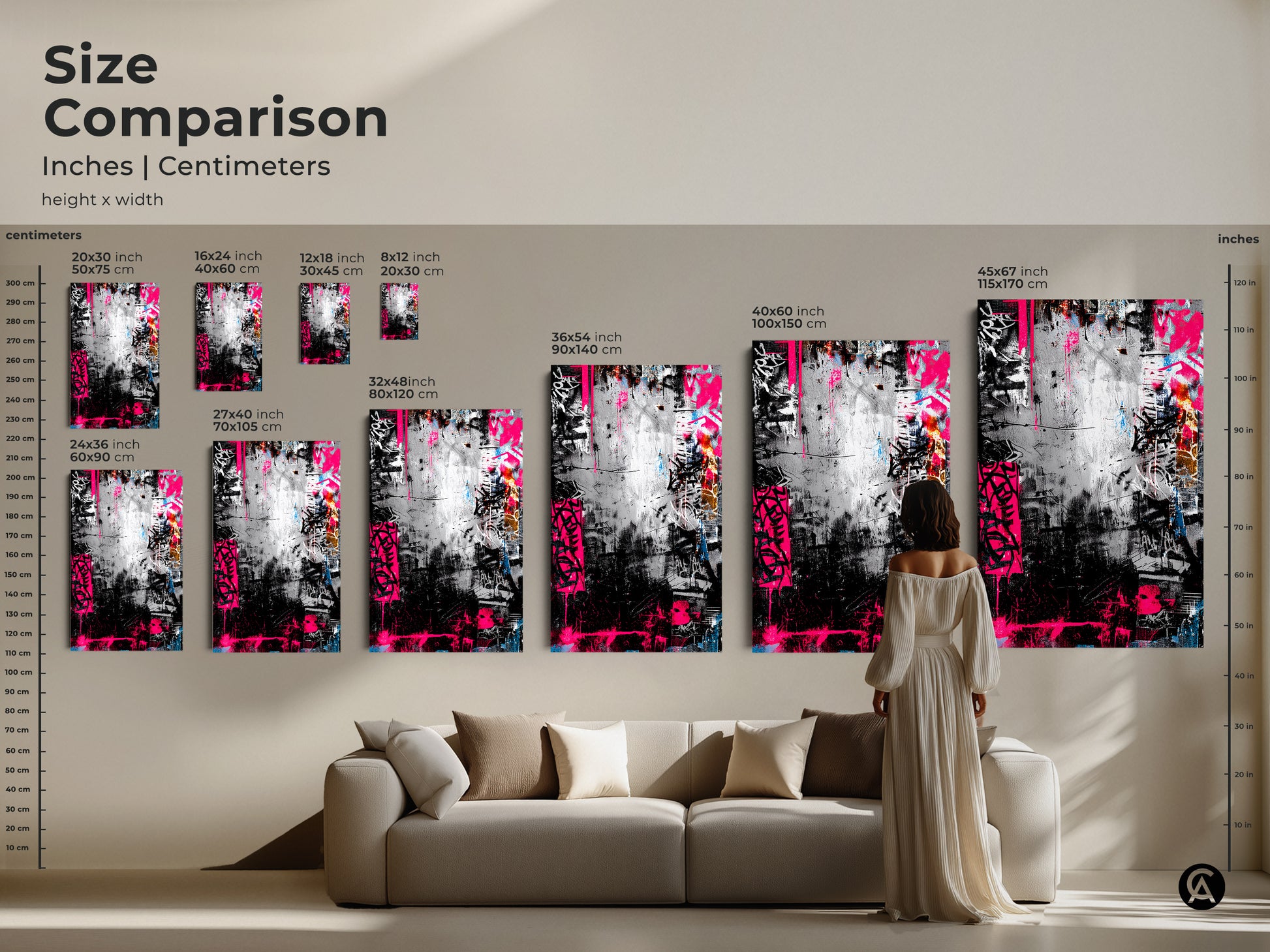 Size comparison of graffiti art prints and canvases. Visualize how different sizes fit in your living space. Choose from a range of sizes to find the ideal piece for your home decor a perfect canvas art or poster.