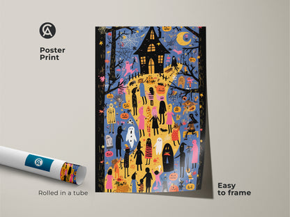 Get Ready to Frame Spooky Cute Halloween Art. This poster print showcases ghosts pumpkins and a haunted house in an eclectic style. See the vibrant blue orange and yellow colors bringing spooky fun. Its perfect for kids room decor or Halloween enthusiasts. Rolled in a tube for easy framing and display.