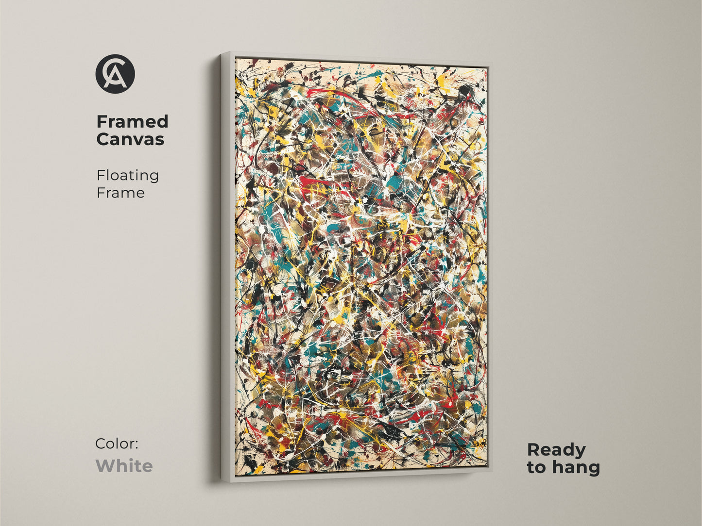 A framed canvas print displays abstract expressionism artwork. A white floating frame gives a clean modern look. This ready-to-hang piece is perfect for adding a pop of color and artistic flair to your home.