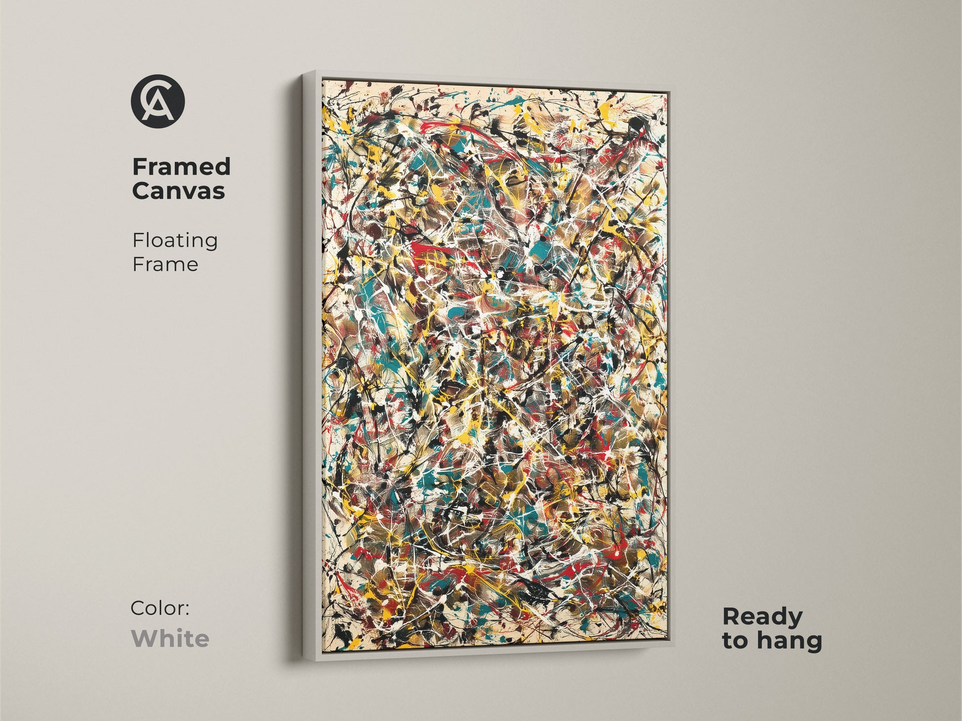 A framed canvas print displays abstract expressionism artwork. A white floating frame gives a clean modern look. This ready-to-hang piece is perfect for adding a pop of color and artistic flair to your home.