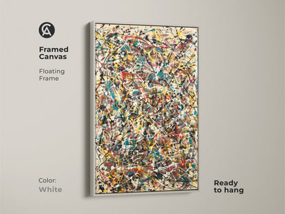 A framed canvas print displays abstract expressionism artwork. A white floating frame gives a clean modern look. This ready-to-hang piece is perfect for adding a pop of color and artistic flair to your home.