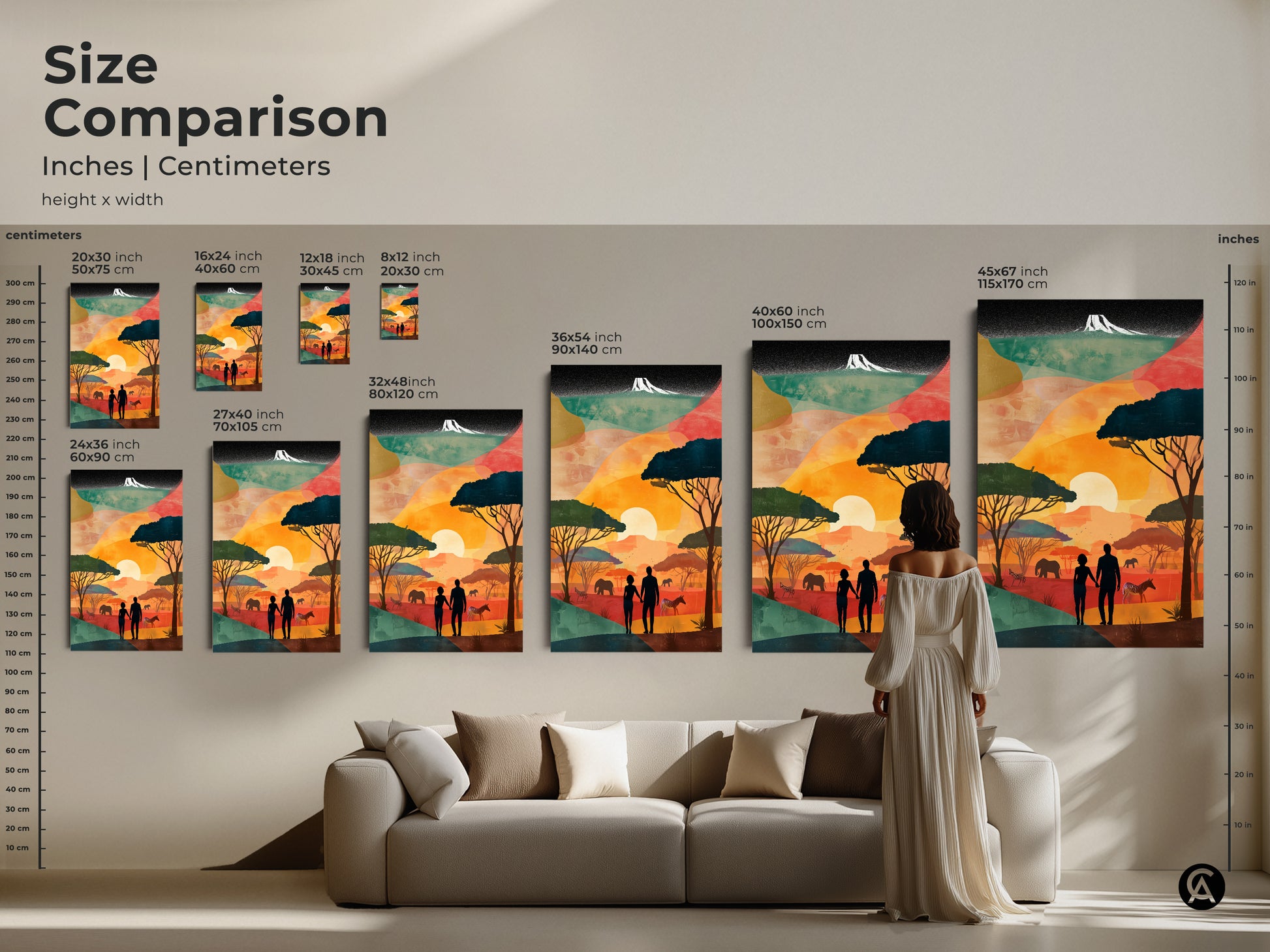 Compare sizes of this retro African landscape art. The boho couple silhouette is stunning in any size. From 20x30 cm to 45x67 inch canvas prints. This wildlife decor will transform your living space. Perfect as a wanderlust home decor piece. A unique travel anniversary gift.