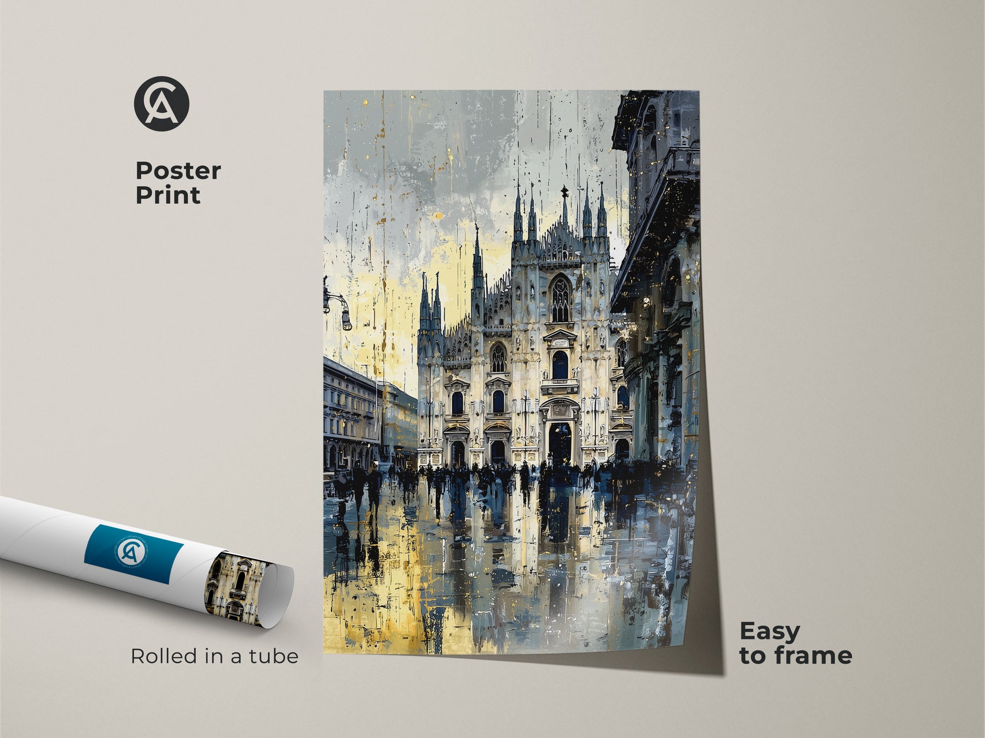 Poster print of the Milan Cathedral artwork. Rolled in a tube for easy framing. The urban street scene print is a great addition to any space. Contemporary art with blue yellow and gray tones. Perfect for travel lovers and housewarming gifts.