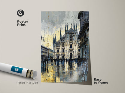 Poster print of the Milan Cathedral artwork. Rolled in a tube for easy framing. The urban street scene print is a great addition to any space. Contemporary art with blue yellow and gray tones. Perfect for travel lovers and housewarming gifts.