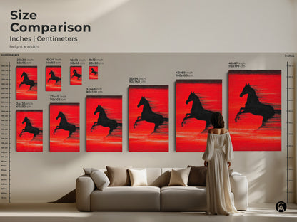 Size comparison of the abstract crimson horse art in inches and centimeters. See how the art fits above a sofa. Multiple sizes of the canvas and poster prints are displayed. Ideal for visualizing the art in your living room or office space.