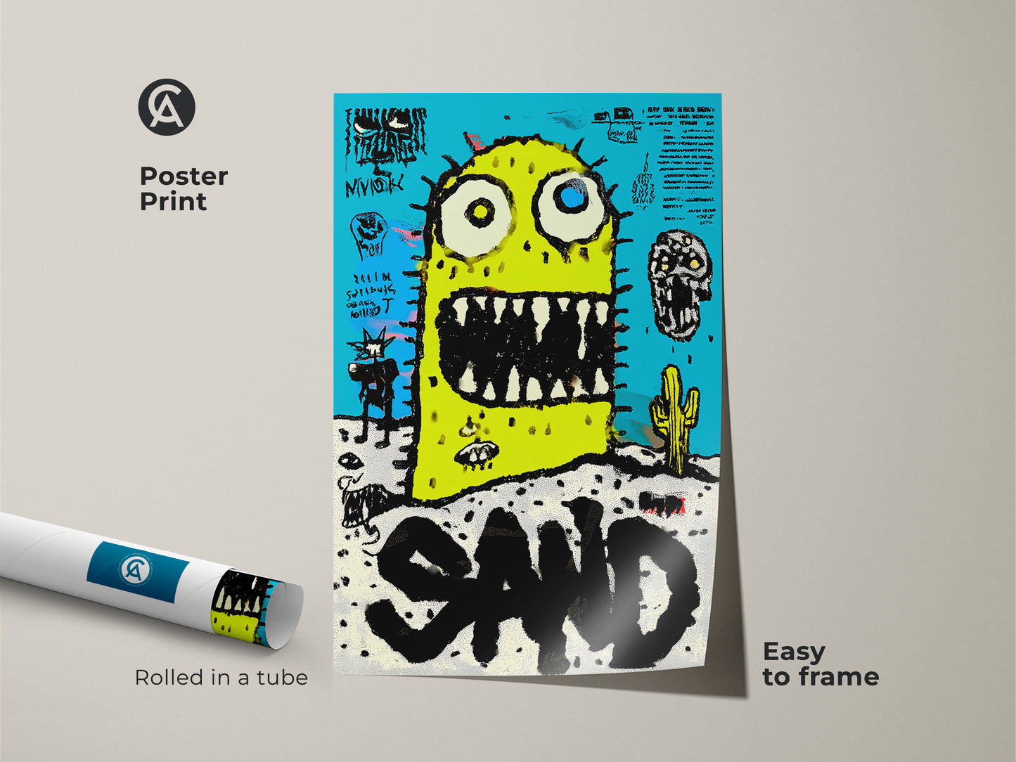 Poster print of a whimsical monster in the desert art. The poster is rolled in a tube for easy framing. It features a bright yellow monster. The background is a vibrant blue. The art is playful and eye-catching. This poster is perfect for adding a touch of fun to any space. Get yours today