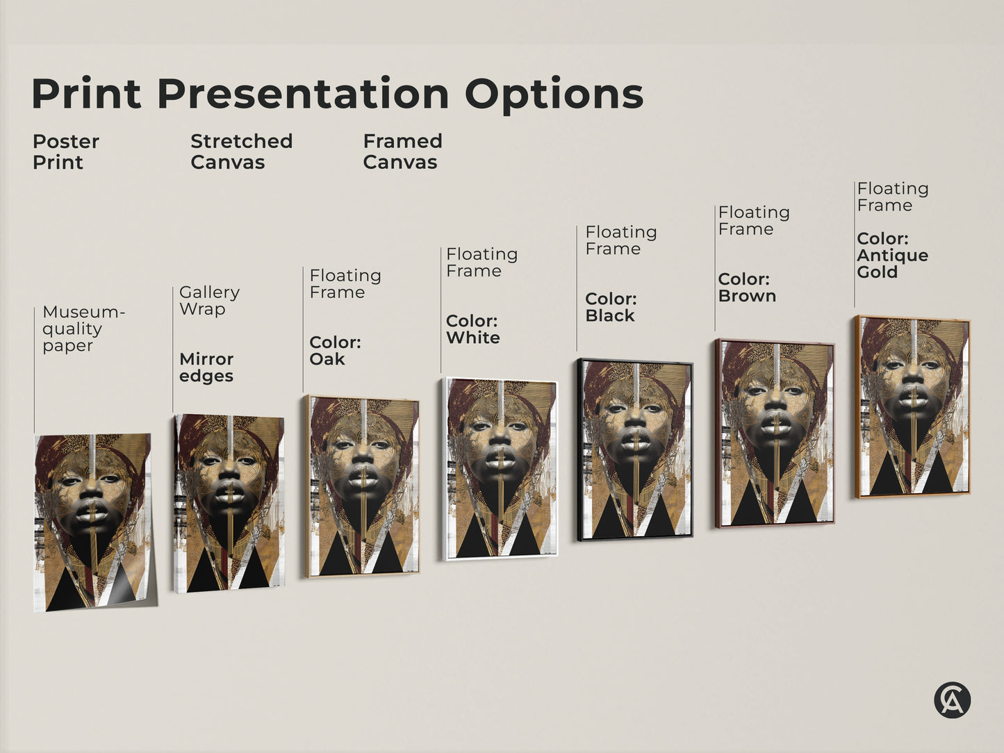 Explore print presentation options. Choose from poster prints stretched canvas and framed canvas. Each features the same abstract woman in tribal art. Select from various floating frame colors.