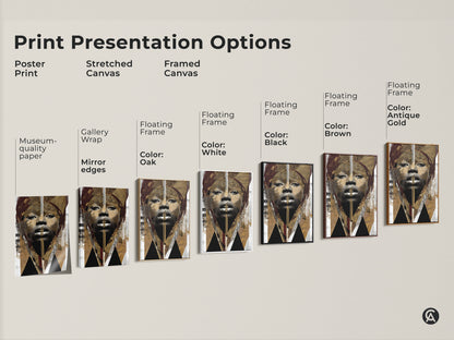 Explore print presentation options. Choose from poster prints stretched canvas and framed canvas. Each features the same abstract woman in tribal art. Select from various floating frame colors.