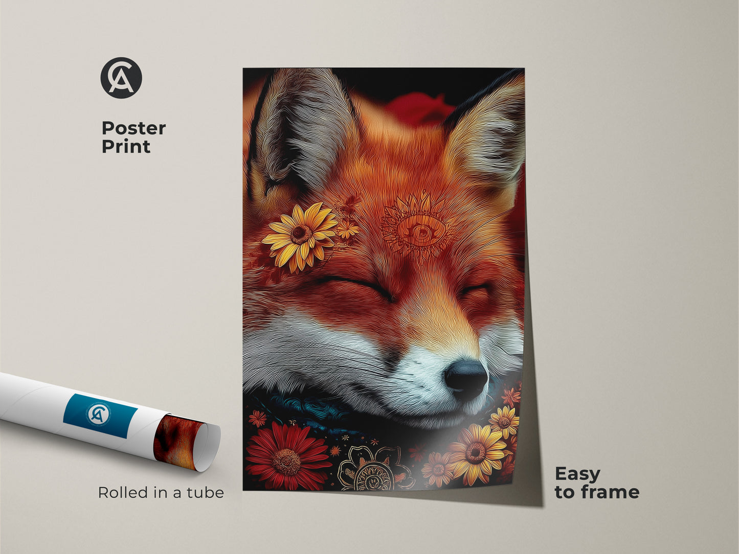 Boho sleeping fox poster print rolled in a tube. Easy to frame this sunflower floral art print makes a cozy animal decor gift. The orange yellow and red color palette brings a dreamy woodland feel. Ideal for nature inspired home art.
