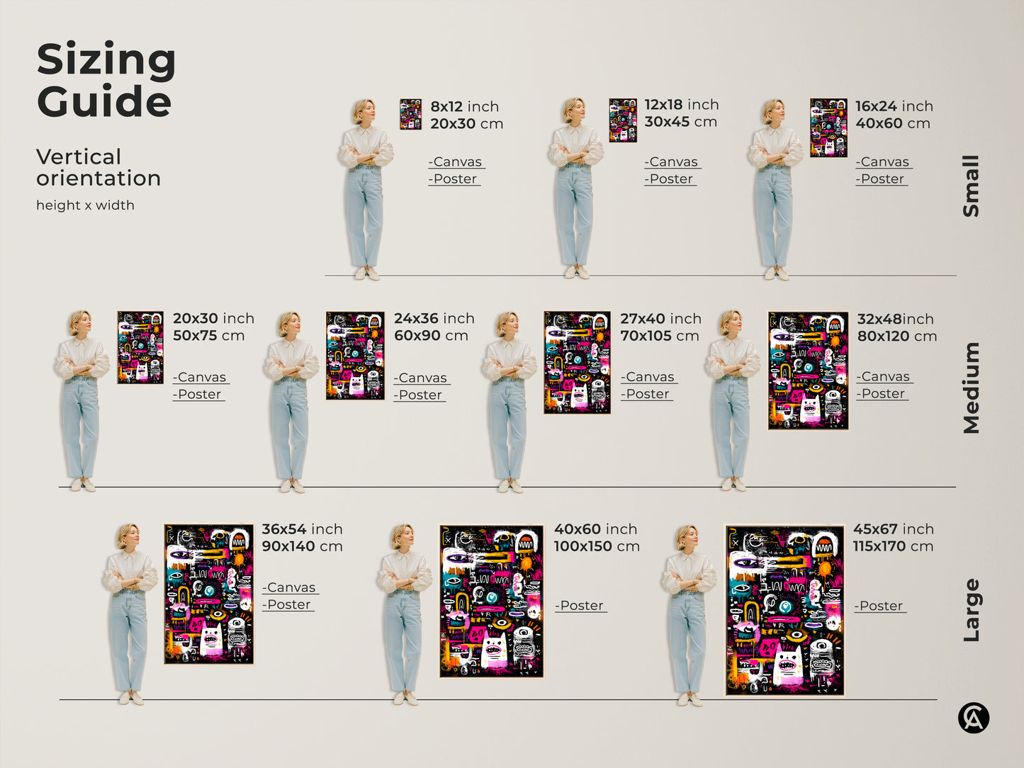 Sizing guide for vertical art orientation. Find the perfect fit for your space with canvas and poster options. This modern art is available in small medium and large sizes. Transform your walls today.