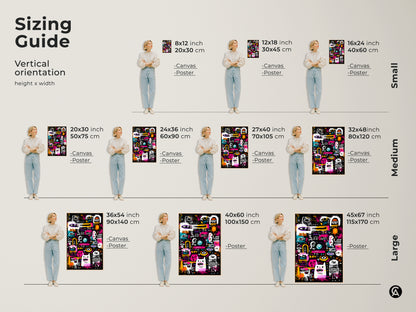 Sizing guide for vertical art orientation. Find the perfect fit for your space with canvas and poster options. This modern art is available in small medium and large sizes. Transform your walls today.