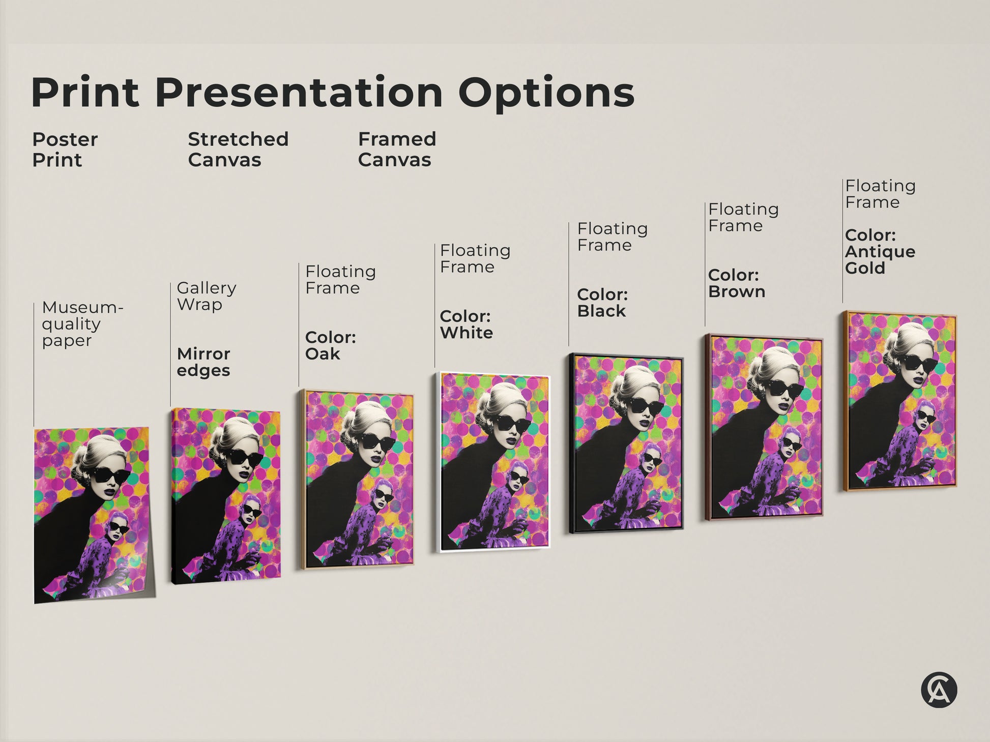 Print presentation options showing poster prints stretched canvas and framed canvas. Each features the retro pop art woman artwork. Options include black brown oak white and antique gold frames. This is perfect for eclectic home decor.