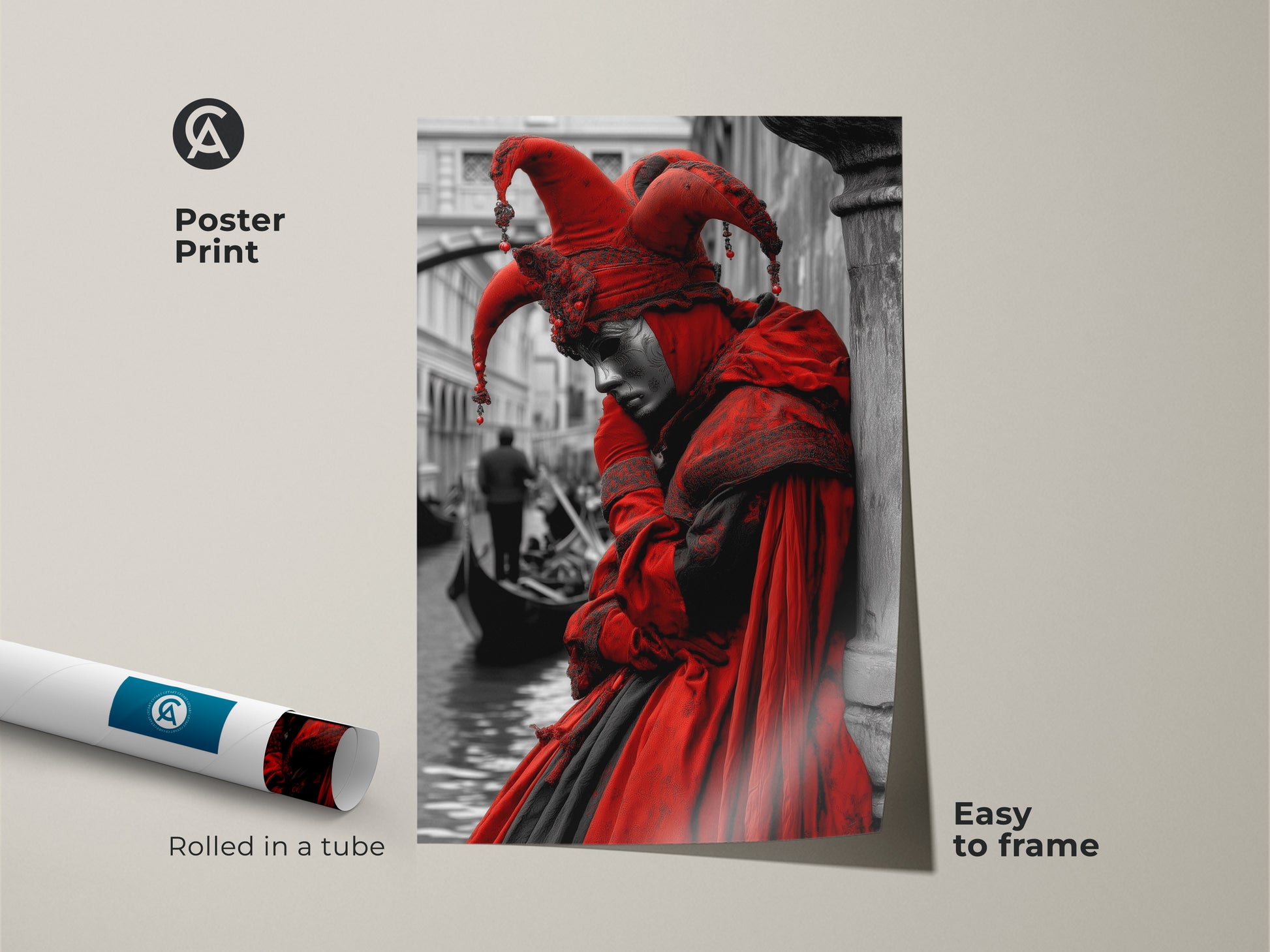 Poster print shows a Venetian jester in a red outfit. The Venice artwork is easy to frame. This wall art captures the beauty of Italy. The jester artwork comes rolled in a tube.