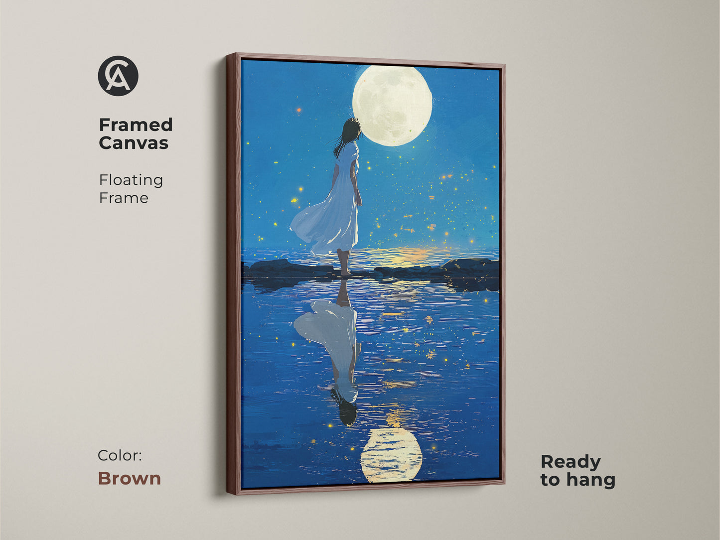 Framed canvas featuring a surreal woman print. Brown floating frame. The art is ready to hang. This moon reflection art is ideal as a gift for stargazers.