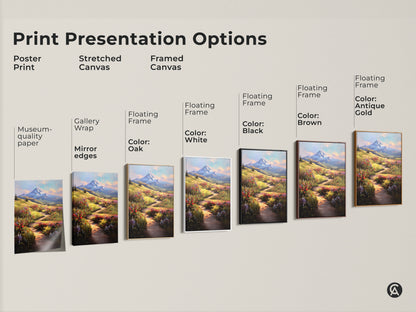 Explore print presentation options for impressionistic wildflower landscape art. Choose from poster prints stretched canvas and framed canvas. Available with gallery wrap mirror edges or floating frames in various colors. Find the perfect blue yellow and green nature wall decor to suit your style.