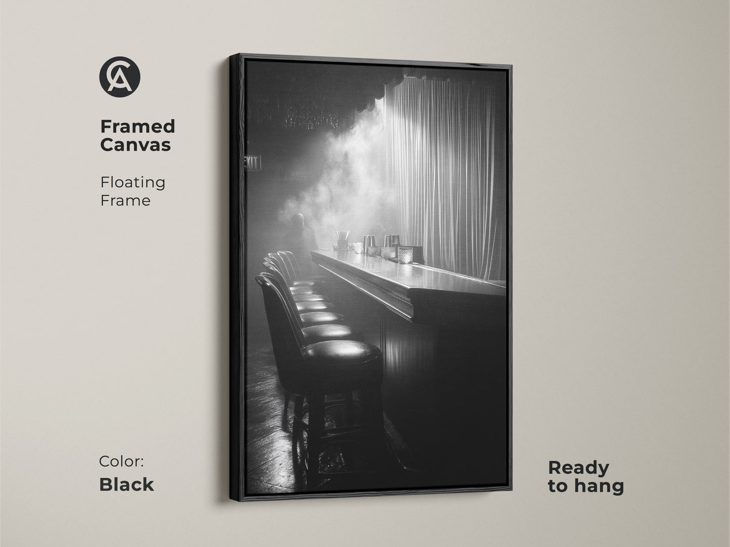 Framed canvas print of a monochrome bar. This floating frame is black and ready to hang. The cinematic scene offers industrial decor. It's a black and white artwork for a lounge. This is perfect for home bar art.