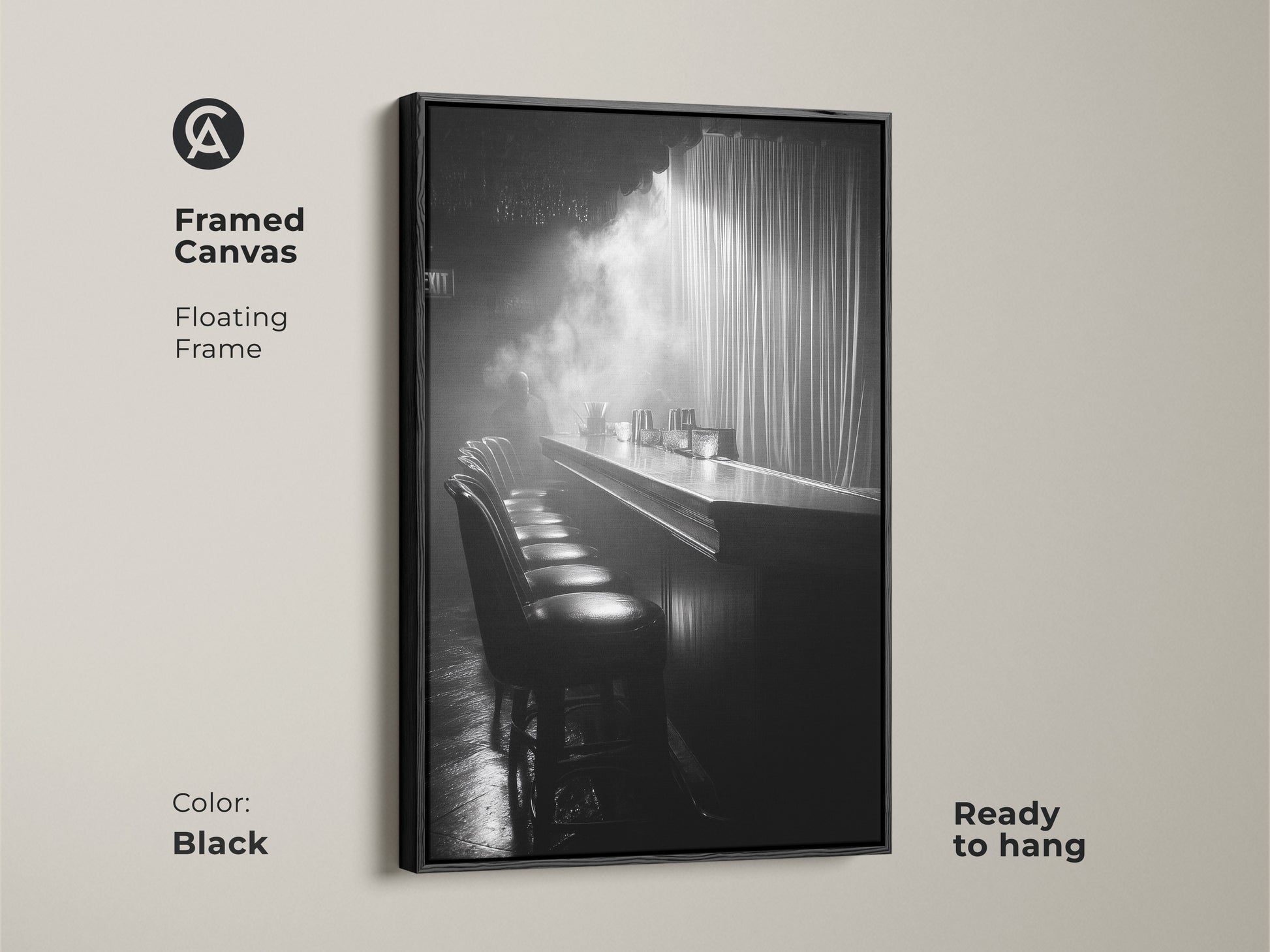 Framed canvas print of a monochrome bar. This floating frame is black and ready to hang. The cinematic scene offers industrial decor. It's a black and white artwork for a lounge. This is perfect for home bar art.