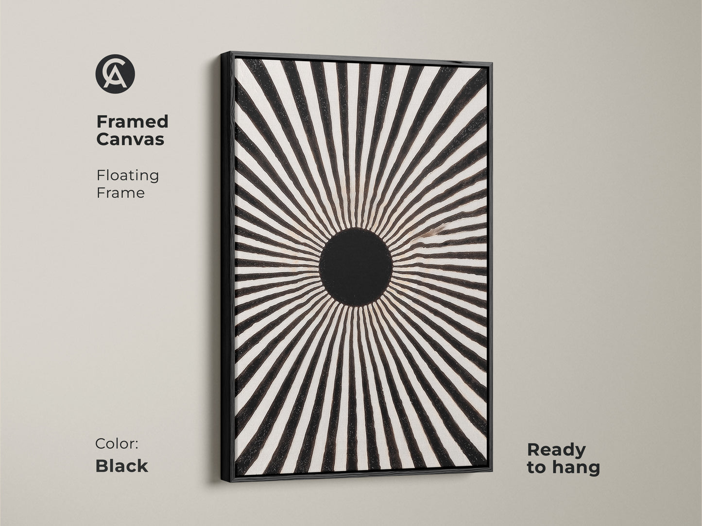 Framed canvas featuring an abstract sunburst design. The floating frame enhances this minimalist black artwork. It is a mid-century modern geometric art piece. The black frame complements the sunburst motif canvas. This ready-to-hang monochrome print adds sophistication to any room. It is impactful wall art for home offices.