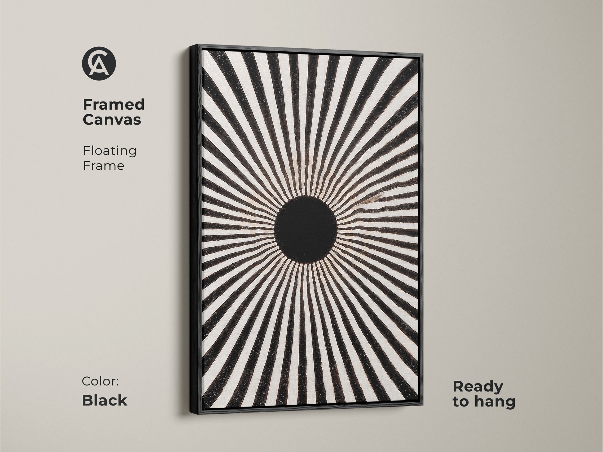 Framed canvas featuring an abstract sunburst design. The floating frame enhances this minimalist black artwork. It is a mid-century modern geometric art piece. The black frame complements the sunburst motif canvas. This ready-to-hang monochrome print adds sophistication to any room. It is impactful wall art for home offices.