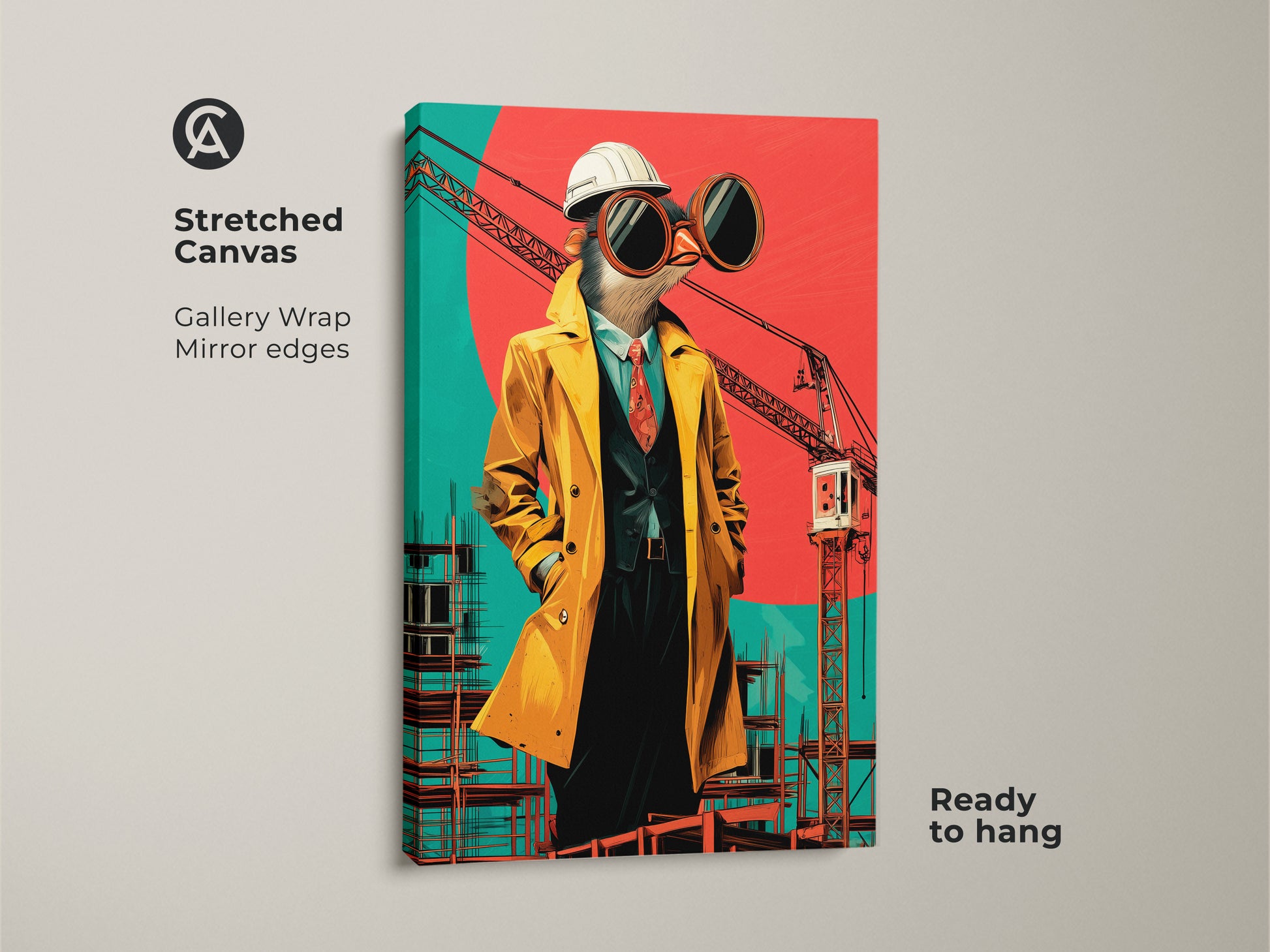 Pop art construction wall art on stretched canvas ready to hang. The surrealist bird architect print has gallery wrap mirror edges. Eclectic animal art in a yellow trench coat is modern office canvas.