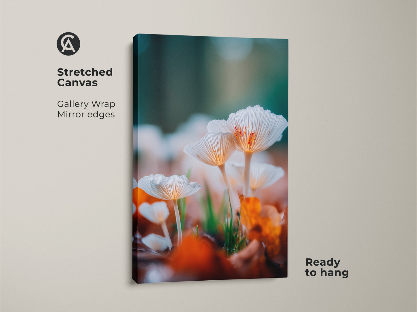 Gallery wrapped canvas art print. The artwork features a detailed image of white mushrooms. The canvas wrap creates a modern frameless look. It arrives ready to hang. A great choice for nature lovers.