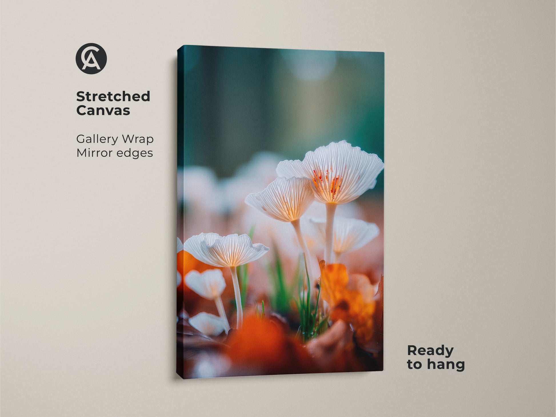 Gallery wrapped canvas art print. The artwork features a detailed image of white mushrooms. The canvas wrap creates a modern frameless look. It arrives ready to hang. A great choice for nature lovers.