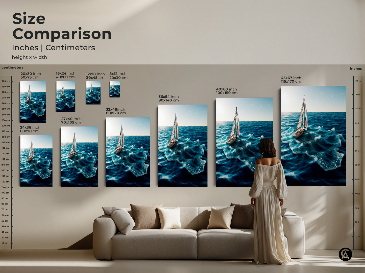 Size comparison of sailboat on ocean waves artwork. Available in various sizes in inches and centimeters. This canvas print suits any room. Perfect for coastal nautical home decor. See how it complements your living space. A great gift for sailors.