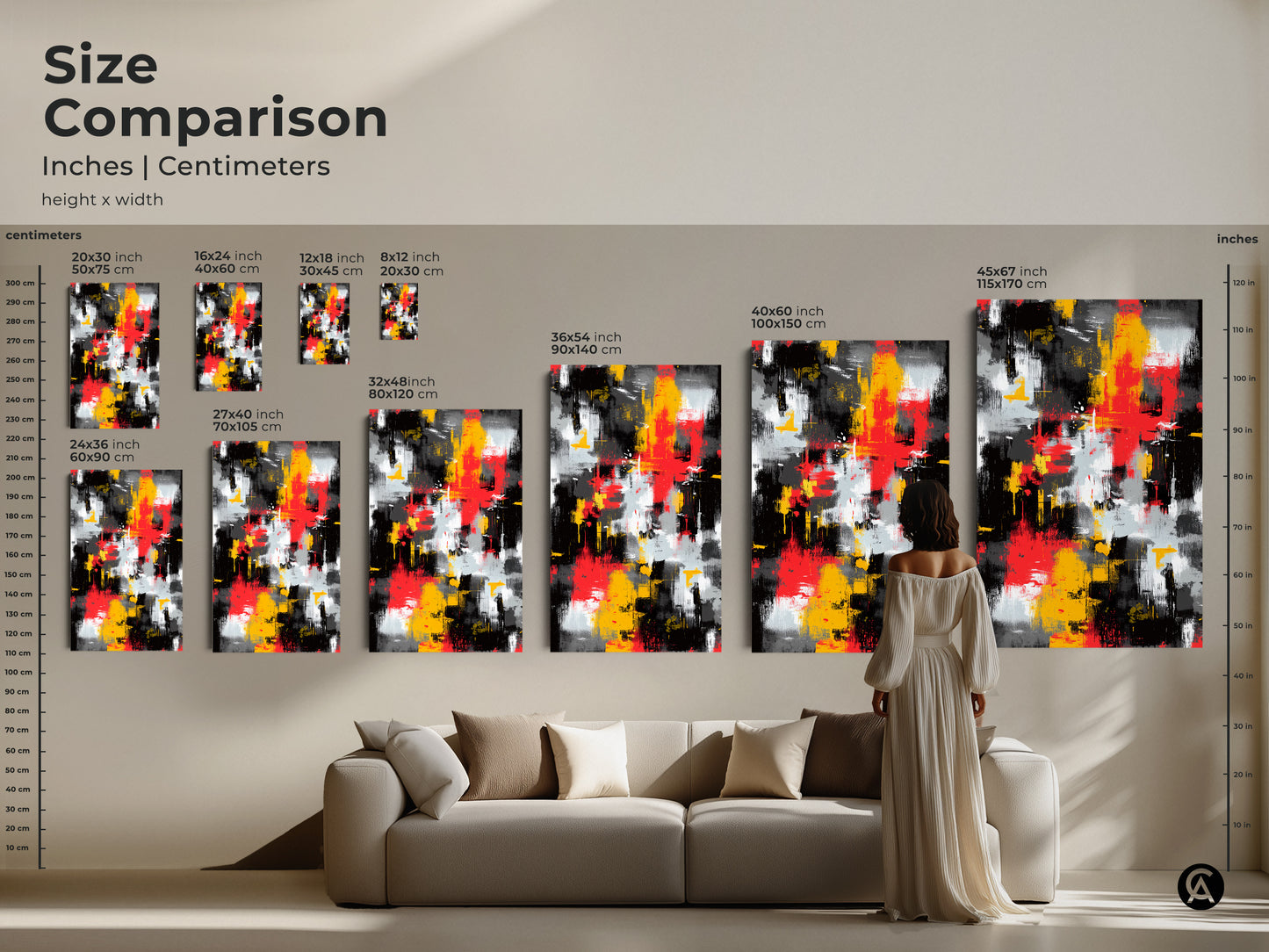 Size comparison of abstract artwork in inches and centimeters. A woman stands next to a sofa to show the scale of the artwork. This painting is available in multiple sizes. Find the perfect fit for your space.