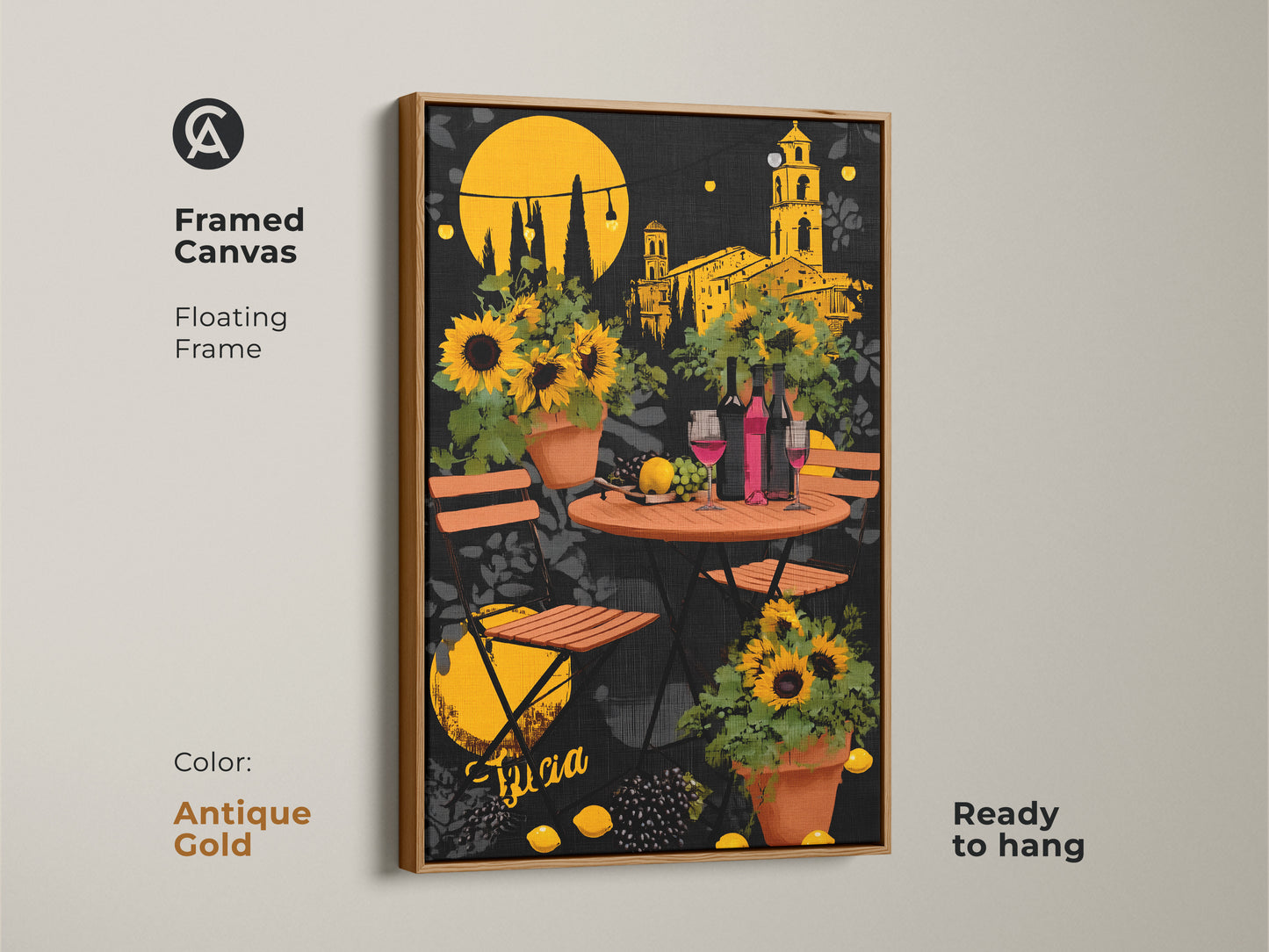 Framed canvas with an antique gold floating frame showcasing the Italian cafe art. Sunflowers wine bottles and a yellow orange palette create a warm inviting feel. It's a perfect housewarming gift wine art that adds a touch of Tuscan charm ready to hang.