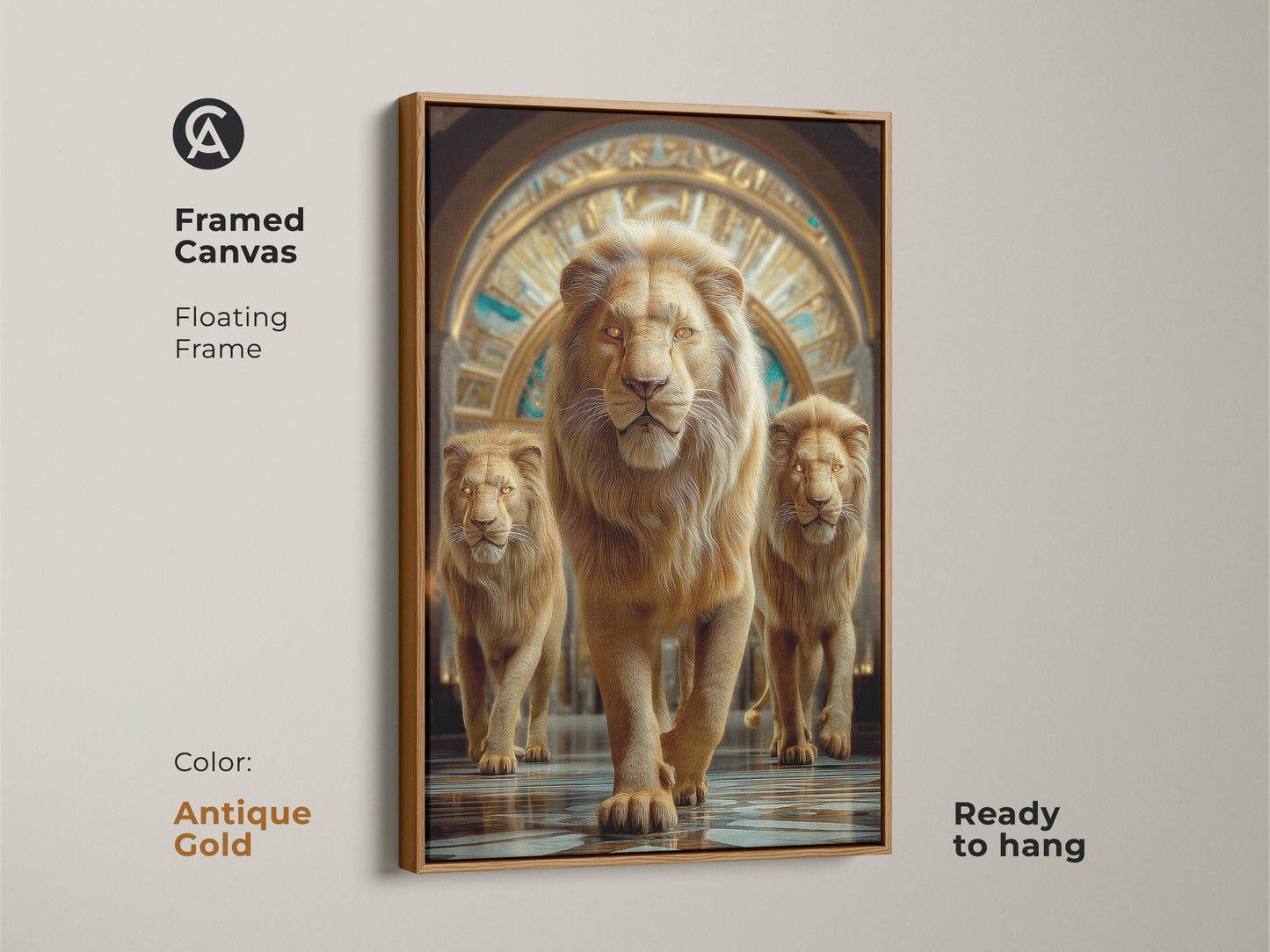 A framed canvas displays a photorealistic golden lion with a floating frame. The amber tone wildlife wall art is an ideal gift for animal lovers. Ready to hang this powerful lion imagery is perfect for eclectic homes. The frame is antique gold.