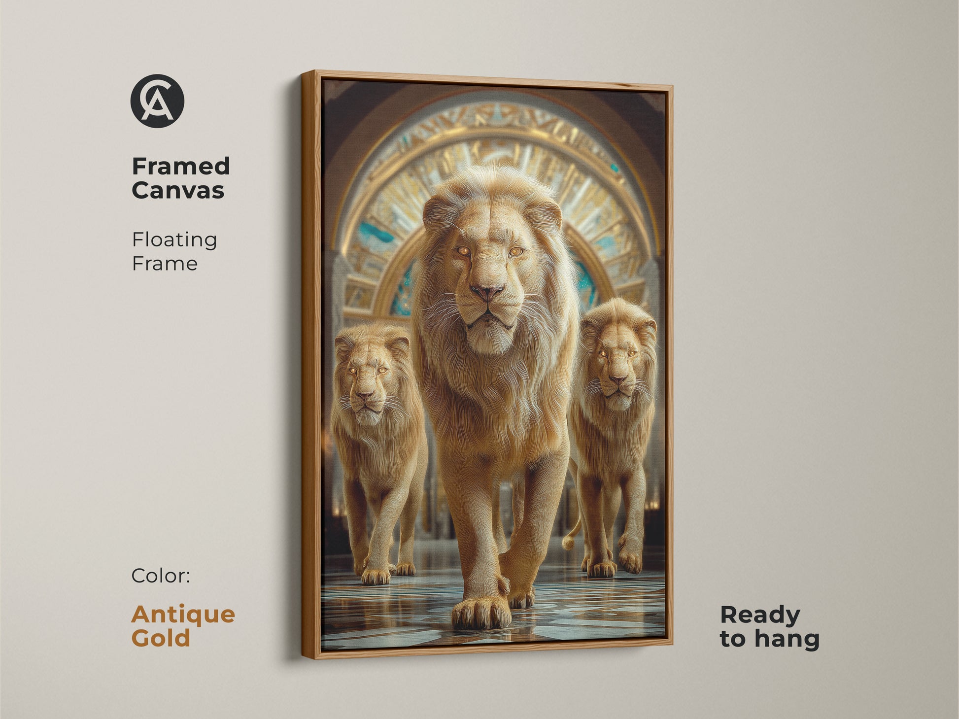 A framed canvas displays a photorealistic golden lion with a floating frame. The amber tone wildlife wall art is an ideal gift for animal lovers. Ready to hang this powerful lion imagery is perfect for eclectic homes. The frame is antique gold.