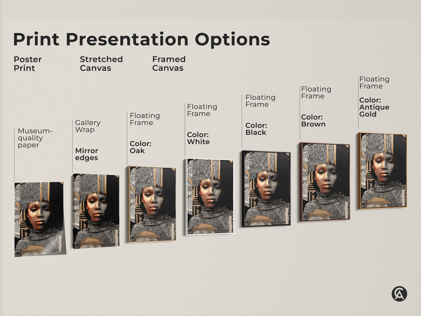 Explore print presentation options for African woman art. Choose from poster prints stretched canvas or framed canvas. Each features gold geometric designs in black and white.